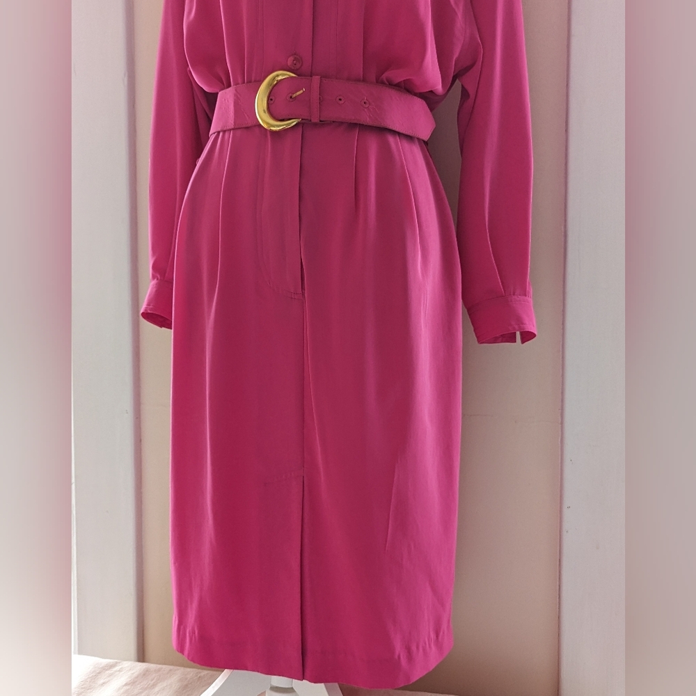 Vintage 1980's Bright Pink Dress Belted Button Down High Neck Pockets Size 10 - Picture 7 of 16